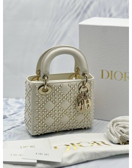 (LIKE NEW) CHRISTIAN DIOR MINI LADY DIOR IN OFF WHITE LAMBSKIN LEATHER WITH PEARL STUDDED -FULL SET-