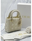 (LIKE NEW) CHRISTIAN DIOR MINI LADY DIOR IN OFF WHITE LAMBSKIN LEATHER WITH PEARL STUDDED -FULL SET-