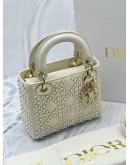 (LIKE NEW) CHRISTIAN DIOR MINI LADY DIOR IN OFF WHITE LAMBSKIN LEATHER WITH PEARL STUDDED -FULL SET-