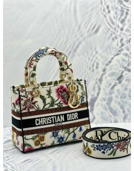(LIKE NEW) CHRISTIAN DIOR MEDIUM LADY DIOR D-LITE IN MULTICOLOR FLORAL EMBROIDERED CANVAS