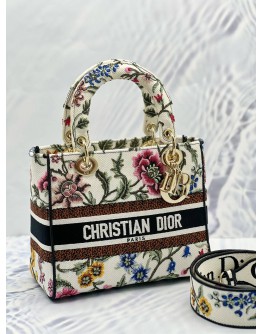 (LIKE NEW) CHRISTIAN DIOR MEDIUM LADY DIOR D-LITE IN MULTICOLOR FLORAL EMBROIDERED CANVAS