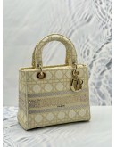 (LIKE NEW) CHRISTIAN DIOR MEDIUM LADY DIOR D-LITE IN OFF WHITE WITH GOLD EMBROIDERED CANVAS