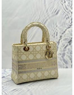 (LIKE NEW) CHRISTIAN DIOR MEDIUM LADY DIOR D-LITE IN OFF WHITE WITH GOLD EMBROIDERED CANVAS