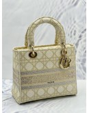 (LIKE NEW) CHRISTIAN DIOR MEDIUM LADY DIOR D-LITE IN OFF WHITE WITH GOLD EMBROIDERED CANVAS