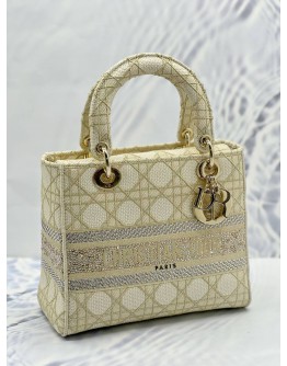 (LIKE NEW) CHRISTIAN DIOR MEDIUM LADY DIOR D-LITE IN OFF WHITE WITH GOLD EMBROIDERED CANVAS