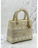 (LIKE NEW) CHRISTIAN DIOR MEDIUM LADY DIOR D-LITE IN OFF WHITE WITH GOLD EMBROIDERED CANVAS
