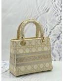(LIKE NEW) CHRISTIAN DIOR MEDIUM LADY DIOR D-LITE IN OFF WHITE WITH GOLD EMBROIDERED CANVAS