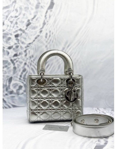 CHRISTIAN DIOR SMALL LADY DIOR MY ABCDIOR IN SILVER METALLIC CALFSKIN LEATHER 