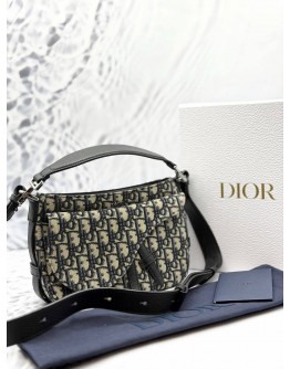 (LIKE NEW) CHRISTIAN DIOR SOFT SADDLE SHOULDER AND CROSSBODY IN BLUE DIOR OBLIQUE JACQUARD WITH BLACK CALFSKIN LEATHER -FULL SET-