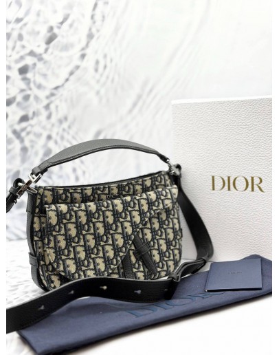 (LIKE NEW) CHRISTIAN DIOR SOFT SADDLE SHOULDER AND CROSSBODY IN BLUE DIOR OBLIQUE JACQUARD WITH BLACK CALFSKIN LEATHER -FULL SET-