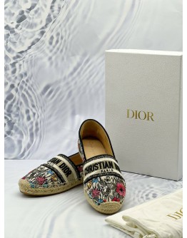 (LIKE NEW) CHRISTIAN DIOR GRANVILLE ESPADRILLES SIZE 39 IN MULTICOLOR FLORAL EMBROIDERED COTTON -FULL SET- 