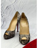 (UNUSED) CHRISTIAN LOUBOUTIN VERY PRIVE PEEP TOE PUMPS SIZE 38.5 IN BLACK LACE WITH SATIN