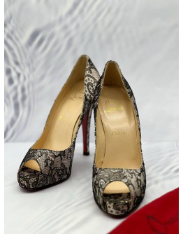 (UNUSED) CHRISTIAN LOUBOUTIN VERY PRIVE PEEP TOE PUMPS SIZE 38.5 IN BLACK LACE WITH SATIN