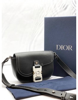 CHRISTIAN DIOR MINI SADDLE MESSENGER FLAP BAG IN BLACK GRAINED CALFSKIN LEATHER -FULL SET-