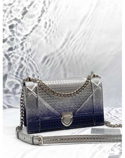 CHRISTIAN DIOR DIORAMA MEDIUM IN METALLIC OMBRE SILVER WITH BLUE MICROCANNAGE CALFSKIN LEATHER