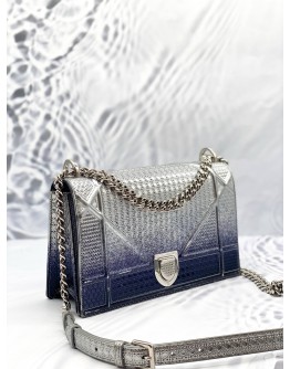 CHRISTIAN DIOR DIORAMA MEDIUM IN METALLIC OMBRE SILVER WITH BLUE MICROCANNAGE CALFSKIN LEATHER