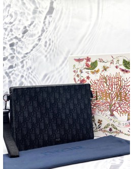 CHRISTIAN DIOR A5 TRIANGLE POUCH IN BLACK DIOR OBLIQUE JACQUARD WITH GRAINED CALFSKIN LEATHER -FULL SET-