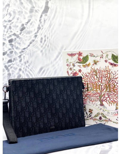 CHRISTIAN DIOR A5 TRIANGLE POUCH IN BLACK DIOR OBLIQUE JACQUARD WITH GRAINED CALFSKIN LEATHER -FULL SET-