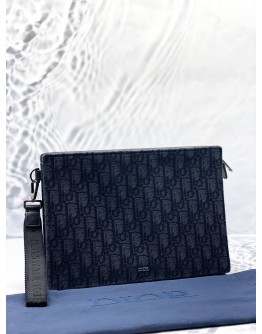 CHRISTIAN DIOR A5 TRIANGLE POUCH IN BLACK DIOR OBLIQUE JACQUARD WITH GRAINED CALFSKIN LEATHER -FULL SET-