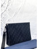 CHRISTIAN DIOR A5 TRIANGLE POUCH IN BLACK DIOR OBLIQUE JACQUARD WITH GRAINED CALFSKIN LEATHER -FULL SET-