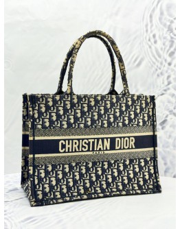 CHRISTIAN DIOR MEDIUM DIOR BOOK TOTE BAG IN ECRU WITH BLUE DIOR OBLIQUE EMBROIDERY
