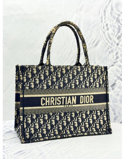 CHRISTIAN DIOR MEDIUM DIOR BOOK TOTE BAG IN ECRU WITH BLUE DIOR OBLIQUE EMBROIDERY