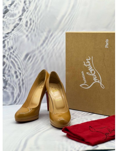 CHRISTIAN LOUBOUTIN NEW SIMPLE PLATFORM PUMPS SIZE 38 IN CARAMEL PATENT LEATHER -FULL SET-