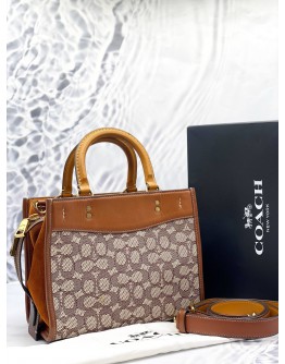 COACH ROGUE 25 TOP HANDLE AND SHOULDER BAG IN BEIGE SIGNATURE TEXTILE JACQUARD WITH BROWN CALFSKIN LEATHER -FULL SET-