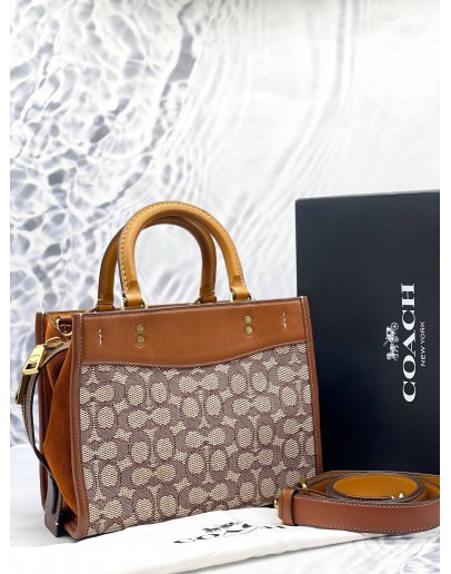 COACH ROGUE 25 TOP HANDLE AND SHOULDER BAG IN BEIGE SIGNATURE TEXTILE JACQUARD WITH BROWN CALFSKIN LEATHER -FULL SET-