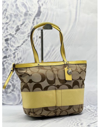 COACH SIGNATURE STRIPE SHOULDER BAG IN BEIGE CANVAS WITH YELLOW LEATHER