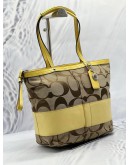 COACH SIGNATURE STRIPE SHOULDER BAG IN BEIGE CANVAS WITH YELLOW LEATHER
