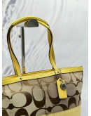 COACH SIGNATURE STRIPE SHOULDER BAG IN BEIGE CANVAS WITH YELLOW LEATHER