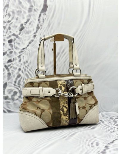 COACH HAMPTON HANDBAG IN BEIGE CC SIGNATURE CANVAS WITH WHITE LEATHER