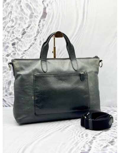 COACH METROPOLITAN SOFT BRIEF BUSINESS BAG IN GREY WITH BLACK LEATHER