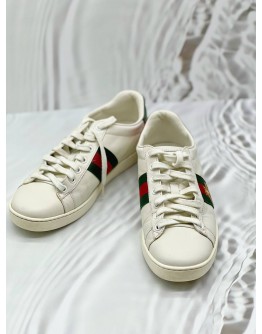 (CNY PROMO) GUCCI ACE LOW TOP SNEAKERS SIZE 36.5 IN WHITE LEATHER WITH WEB STRIPE AND GOLD EMBROIDERED BEE