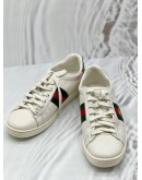 (CNY PROMO) GUCCI ACE LOW TOP SNEAKERS SIZE 36.5 IN WHITE LEATHER WITH WEB STRIPE AND GOLD EMBROIDERED BEE