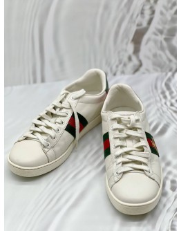 (CNY PROMO) GUCCI ACE LOW TOP SNEAKERS SIZE 36.5 IN WHITE LEATHER WITH WEB STRIPE AND GOLD EMBROIDERED BEE