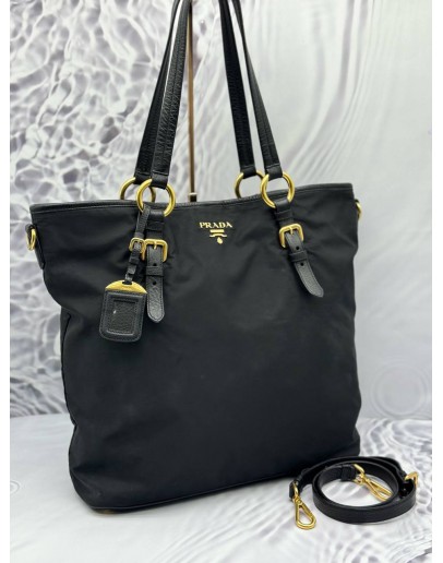 PRADA TOTE SHOUDER BAG IN BLACK NYLON WITH LEATHER
