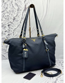 PRADA TOTE SHOULDER BAG IN DARK BLUE NYLON WITH LEATHER