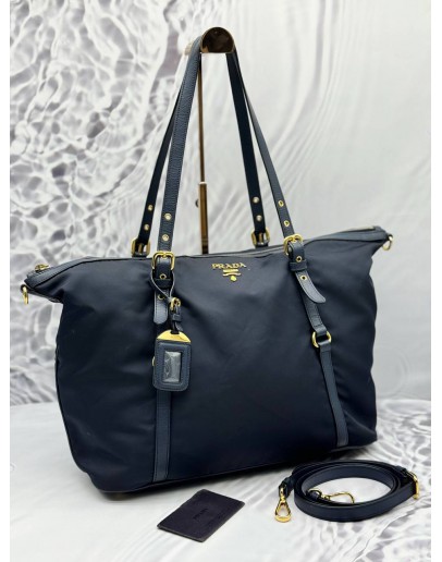 PRADA TOTE SHOULDER BAG IN DARK BLUE NYLON WITH LEATHER