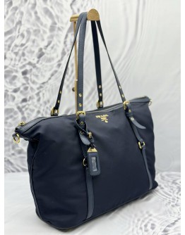 PRADA TOTE SHOULDER BAG IN DARK BLUE NYLON WITH LEATHER