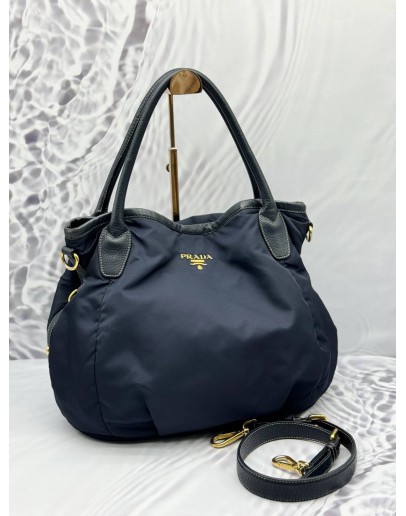 PRADA HOBO SHOULDER BAG IN DARK BLUE NYLON WITH LEATHER