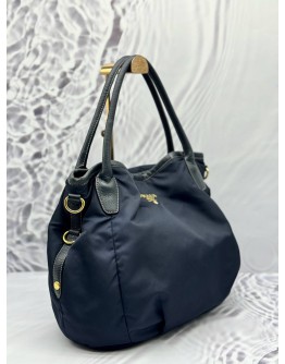 PRADA HOBO SHOULDER BAG IN DARK BLUE NYLON WITH LEATHER