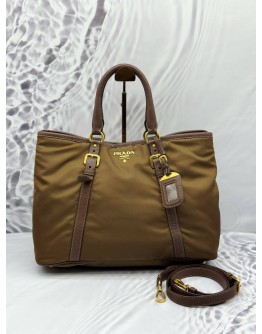 (LIKE NEW) PRADA TOTE SHOULDER BAG IN BROWN NYLON WITH LEATHER