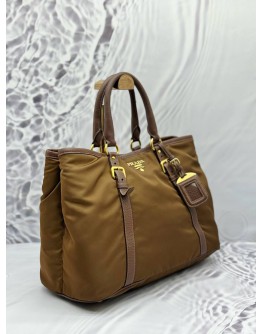 (LIKE NEW) PRADA TOTE SHOULDER BAG IN BROWN NYLON WITH LEATHER