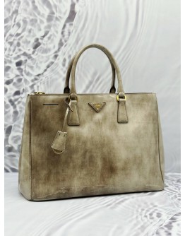 PRADA GALLERIA LARGE DOUBLE ZIP TOTE BAG IN BEIGE PATENT LEATHER