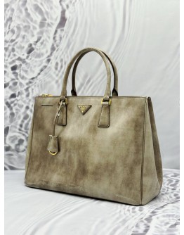 PRADA GALLERIA LARGE DOUBLE ZIP TOTE BAG IN BEIGE PATENT LEATHER