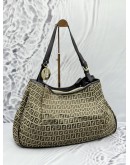 FENDI HOBO SHOULDER BAG IN BEIGE CANVAS WITH DARK BROWN LEATHER