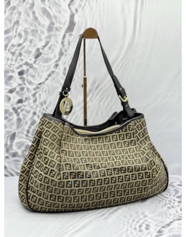 FENDI HOBO SHOULDER BAG IN BEIGE CANVAS WITH DARK BROWN LEATHER