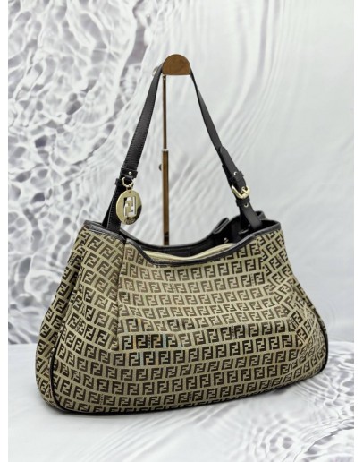 FENDI HOBO SHOULDER BAG IN BEIGE CANVAS WITH DARK BROWN LEATHER